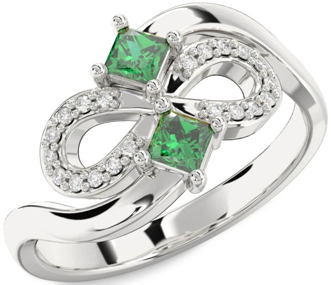 Diamond Emerald Silver Infinity Princess Two Stone Birthstone Ring