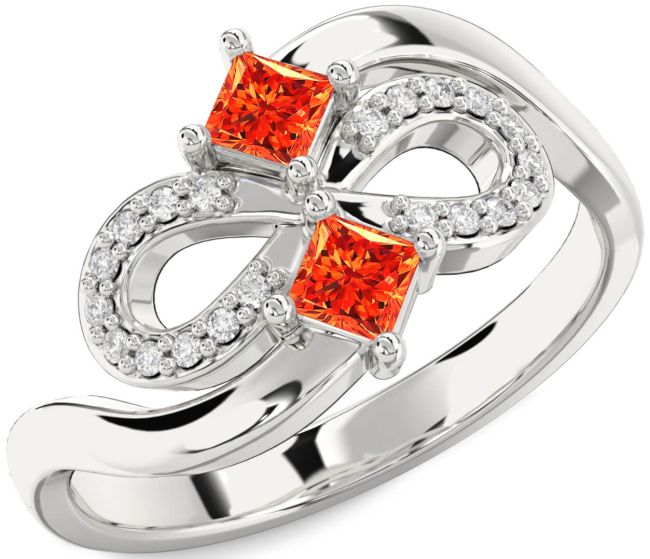Diamond Fire Opal Silver Infinity Princess Two Stone Ring