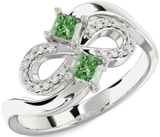 Green Diamond Silver Infinity Princess Two Stone Ring