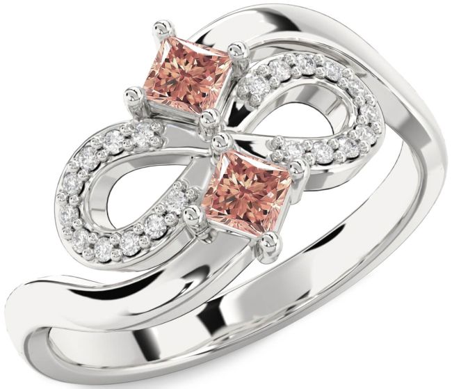 Diamond Morganite Silver Infinity Princess Two Stone Ring
