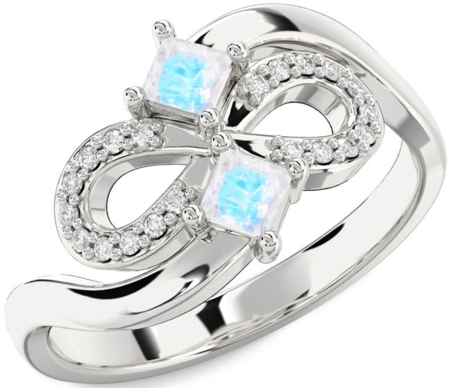 Diamond Moonstone Silver Infinity Princess Two Stone Ring