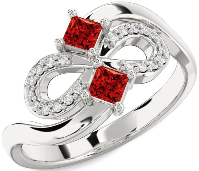 Diamond Ruby Silver Infinity Princess Two Stone Birthstone Ring