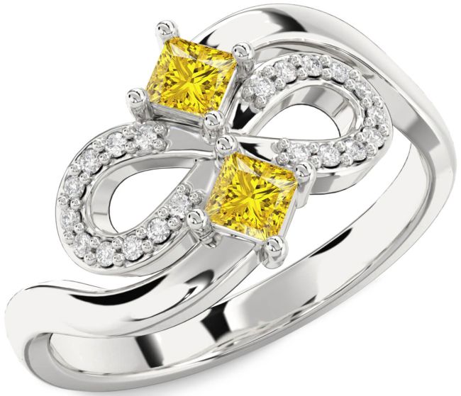 Yellow Diamond Silver Infinity Princess Two Stone Ring