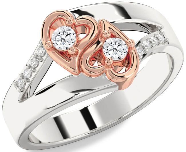 Diamond Rose Gold Silver Heart Two Stone Ring