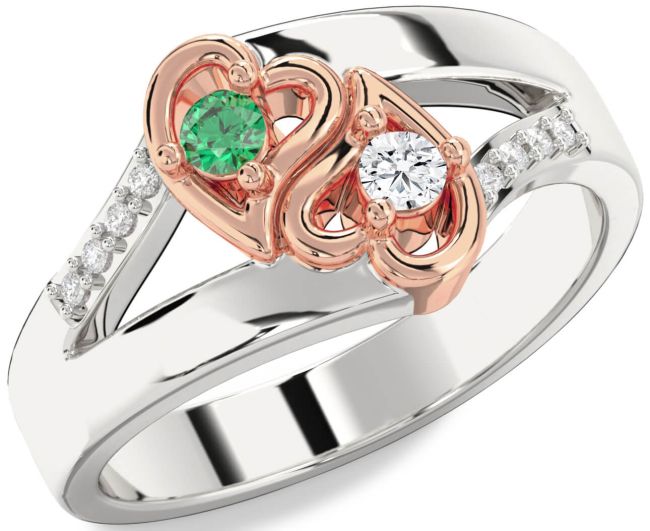Diamond Silver & 10K Rose Gold Heart Two Stone Promise Ring