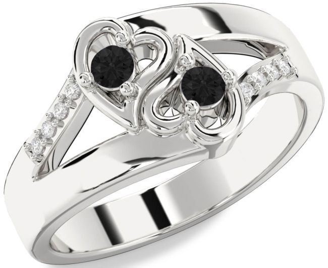Black Diamond Silver Heart Two Stone Ring