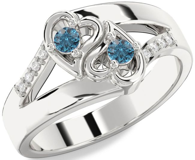 Blue Diamond Silver Heart Two Stone Ring