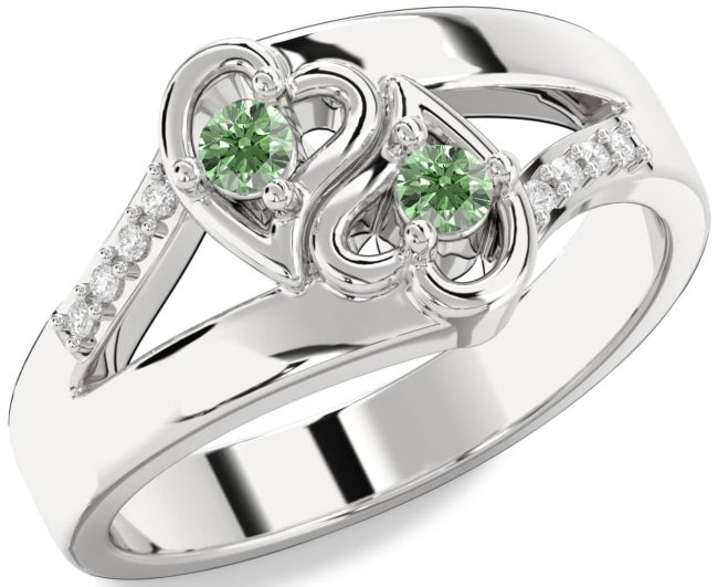 Green Diamond Silver Heart Two Stone Ring