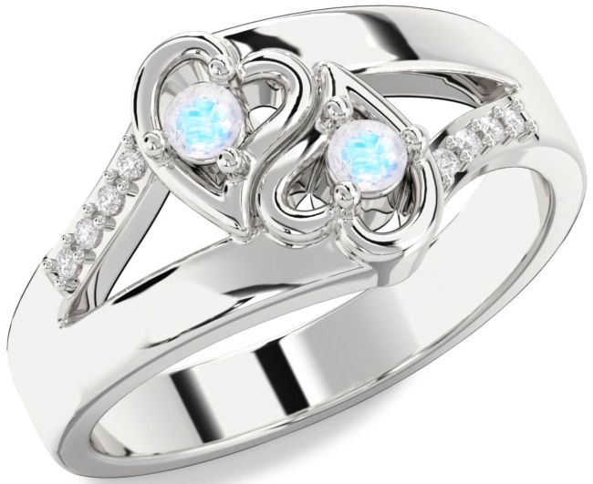 Diamond Moonstone Silver Heart Two Stone Ring
