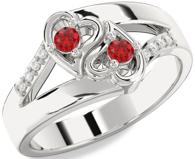 Diamond Ruby Silver Heart Two Stone Birthstone Ring