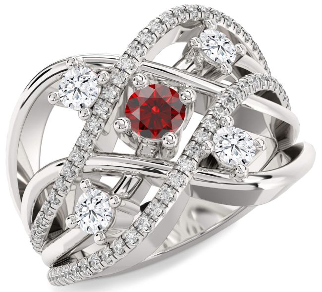 Diamond Garnet Silver Knot Ring