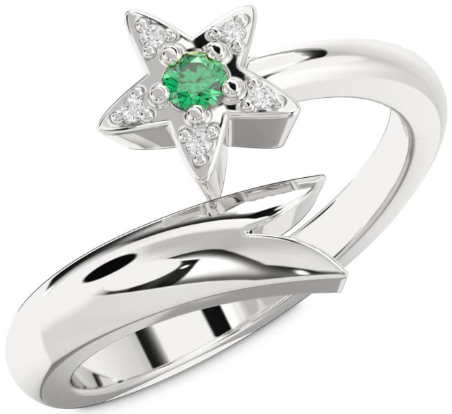Diamond Emerald Silver Star Round Promise Ring