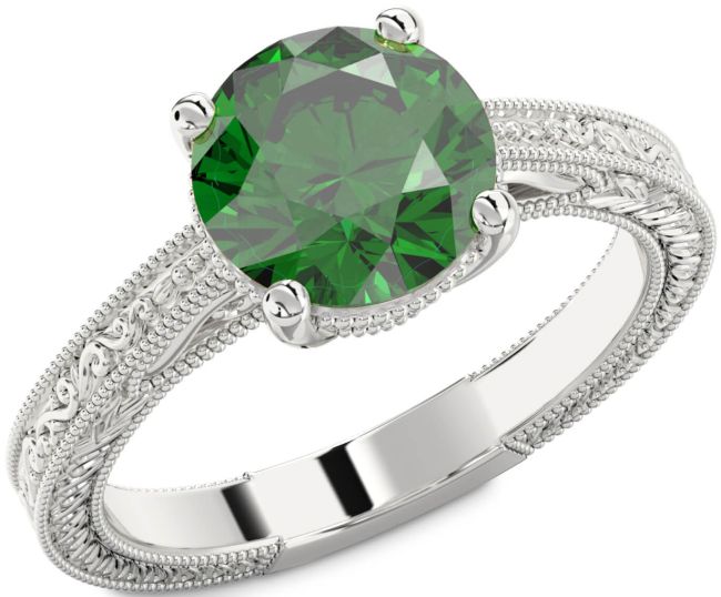 Emerald Silver Knot Round Vintage Engagement Ring