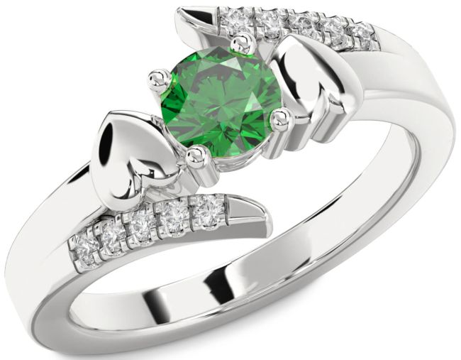Diamond Emerald Silver Heart Solitaire Engagement Ring