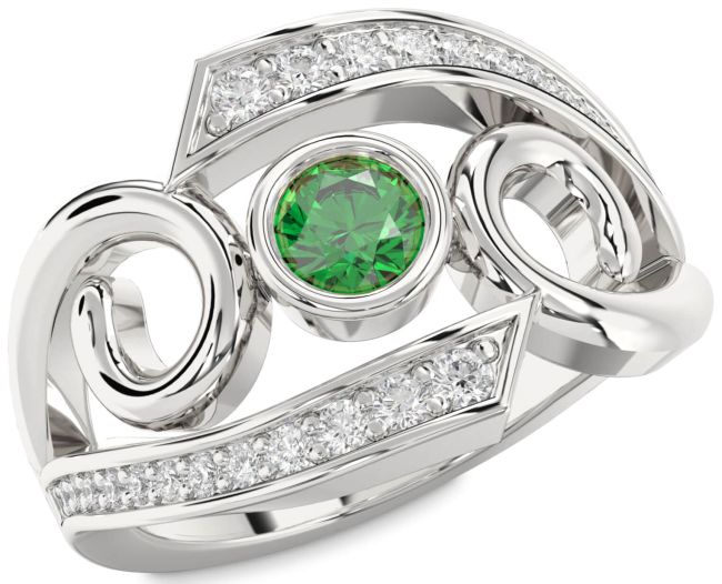 Diamond Emerald Silver Round Solitaire Engagement Ring