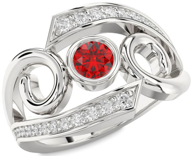 Diamond Ruby Silver Round Solitaire Engagement Ring