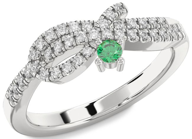 Diamond Emerald Silver Knot Round Promise Ring