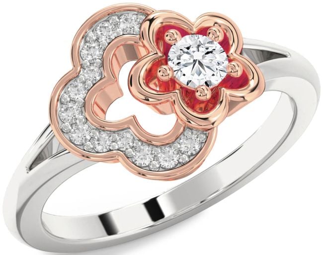 Diamond White Rose Gold Flower Round Ring