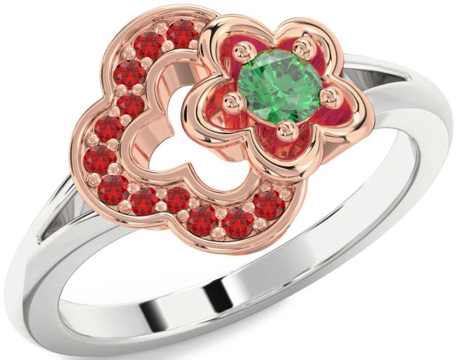 Emerald & Ruby Rose Gold Silver Flower Round Promise Ring