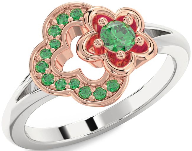 Emerald Rose Gold Silver Flower Round Ring