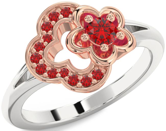 Ruby Rose Gold Silver Flower Round Ring