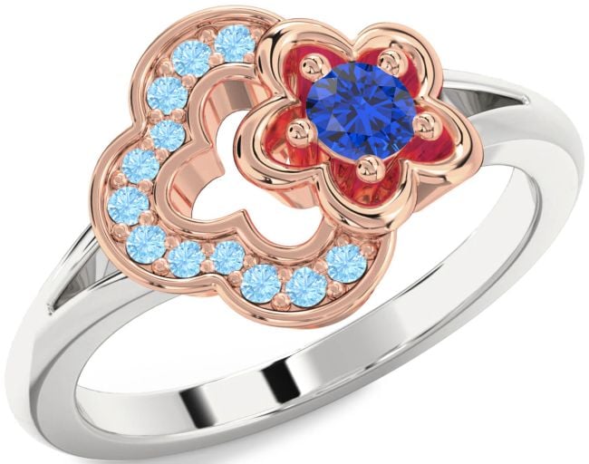 Blue Sapphire & Aquamarine White Rose Gold Flower Round Promise Ring