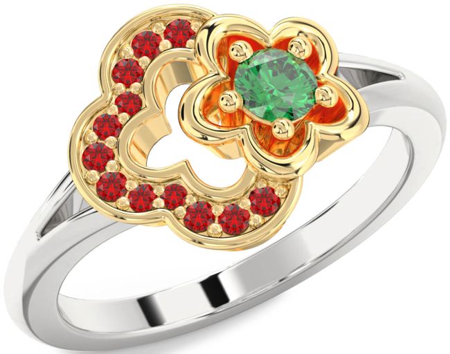 Emerald & Ruby Gold Silver Flower Round Promise Ring