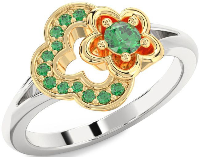Emerald Gold Silver Flower Round Ring