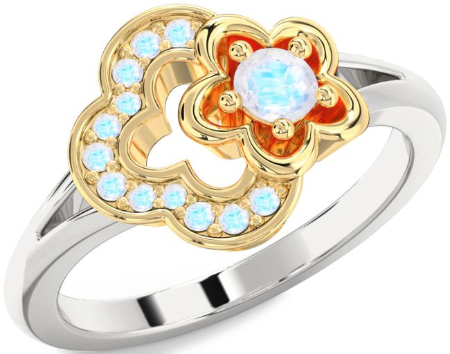 Moonstone Gold Silver Flower Round Ring