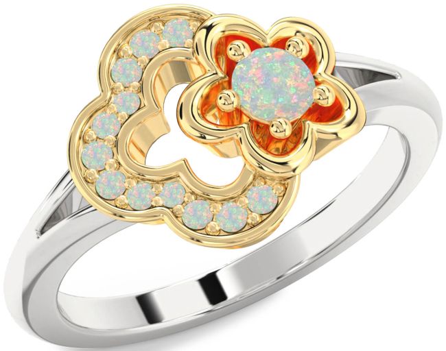 Opal Gold Silver Flower Round Ring