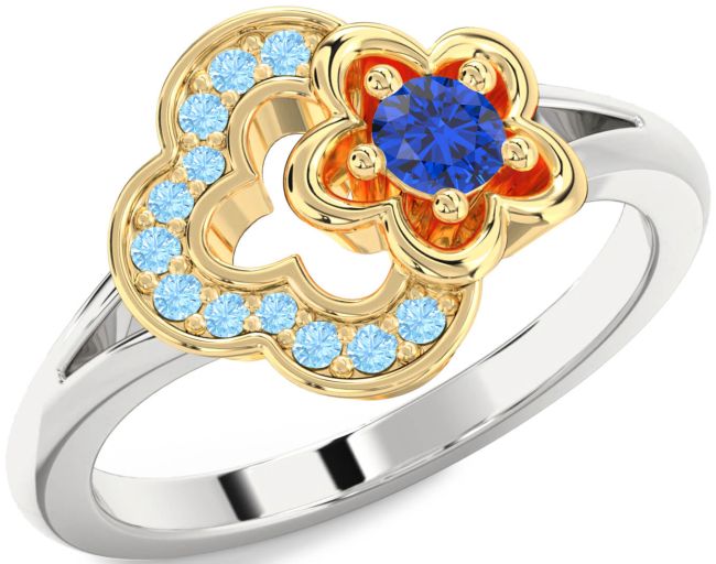 Blue Sapphire & Aquamarine White Yellow Gold Flower Round Promise Ring