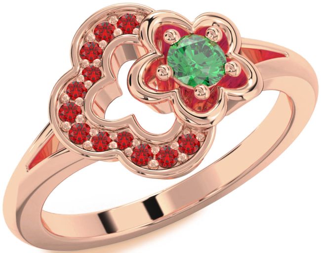 Emerald & Ruby Rose Gold Flower Round Promise Ring