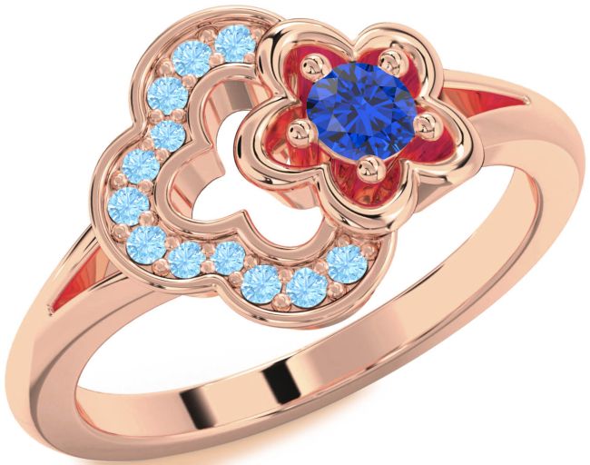 Blue Sapphire & Aquamarine Rose Gold Flower Round Promise Ring