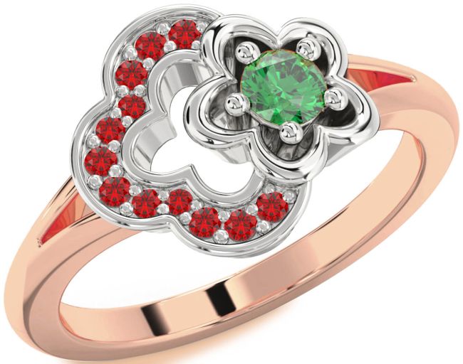 Emerald & Ruby Rose Gold Silver Flower Round Promise Ring