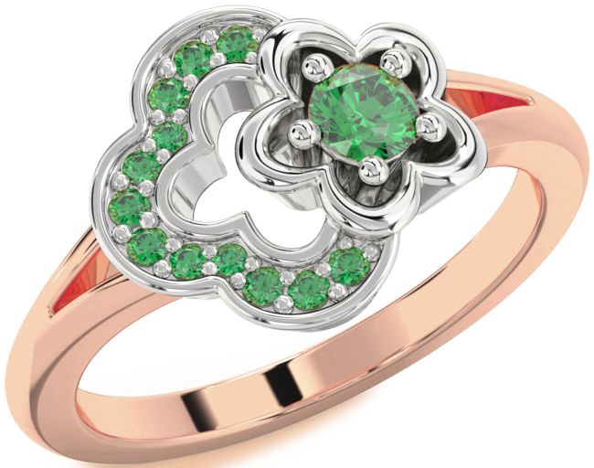 Emerald Rose Gold Silver Flower Round Ring