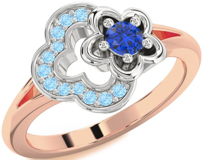 Blue Sapphire & Aquamarine White Rose Gold Flower Round Promise Ring