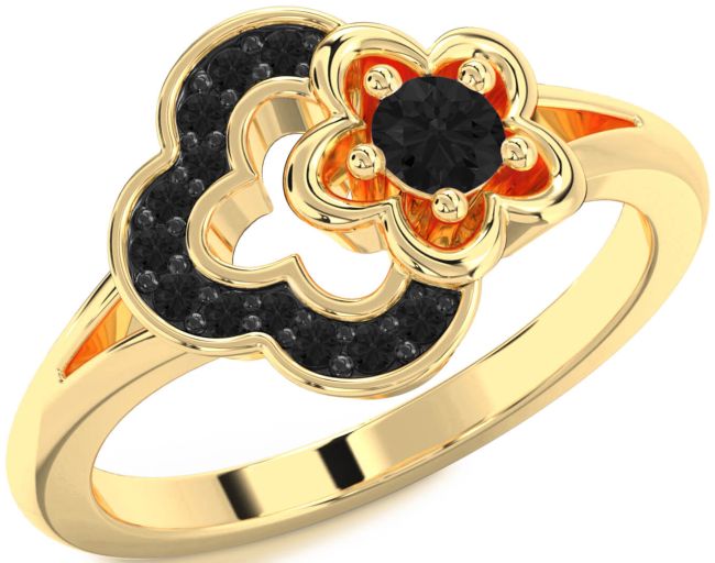 Black Diamond Gold Flower Round Ring