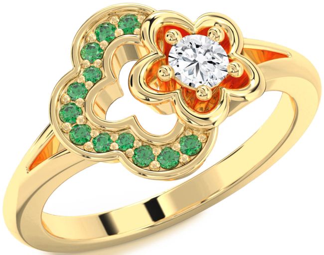 Emerald & Diamond Gold Flower Round Promise Ring