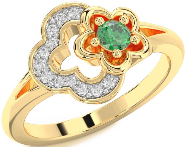 Diamond & Emerald Gold Flower Round Promise Ring