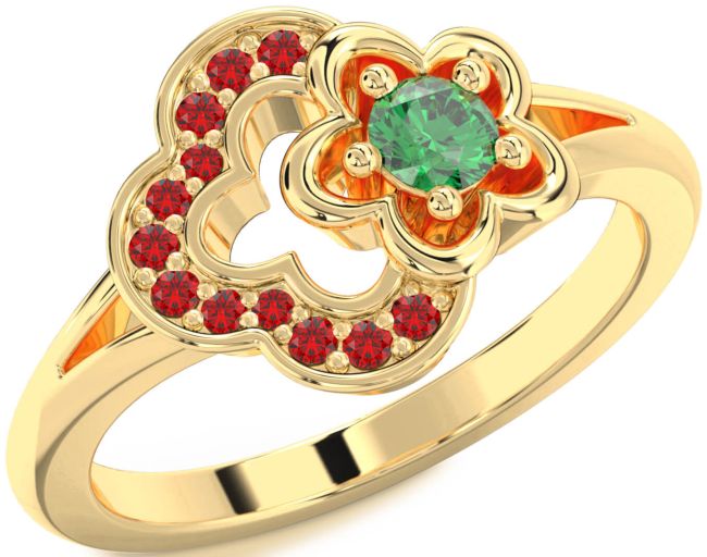 Emerald & Ruby Gold Silver Flower Round Promise Ring