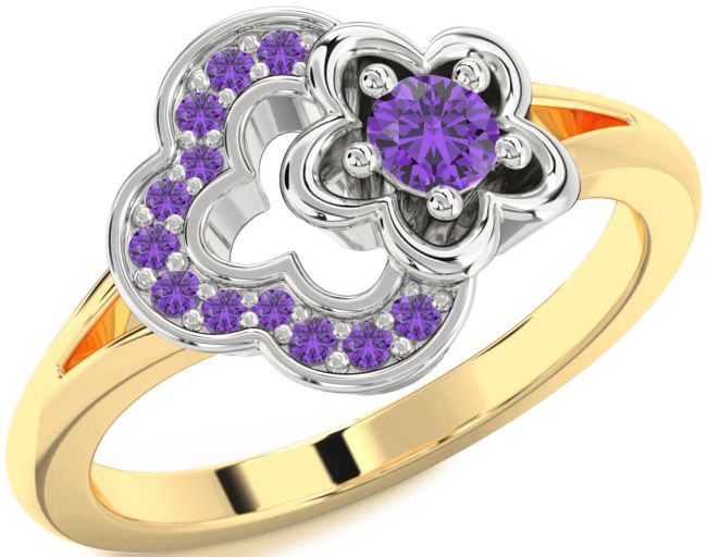 Amethyst Gold Silver Flower Round Ring