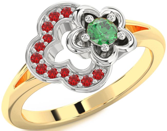 Emerald & Ruby Gold Silver Flower Round Promise Ring