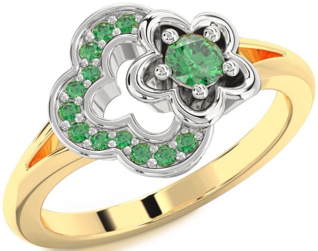 Emerald Gold Silver Flower Round Ring