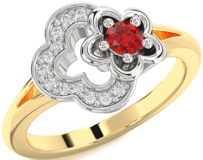 Diamond & Ruby Gold Silver Flower Round Promise Ring