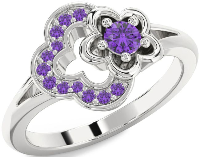 Amethyst Silver Flower Round Ring