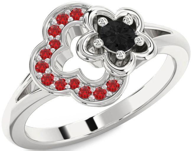 Black Diamond & Ruby Silver Flower Round Promise Ring