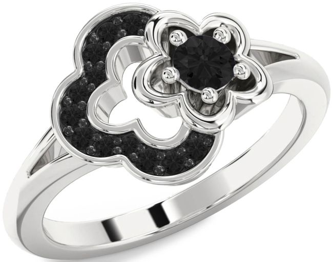 Black Diamond Silver Flower Round Ring