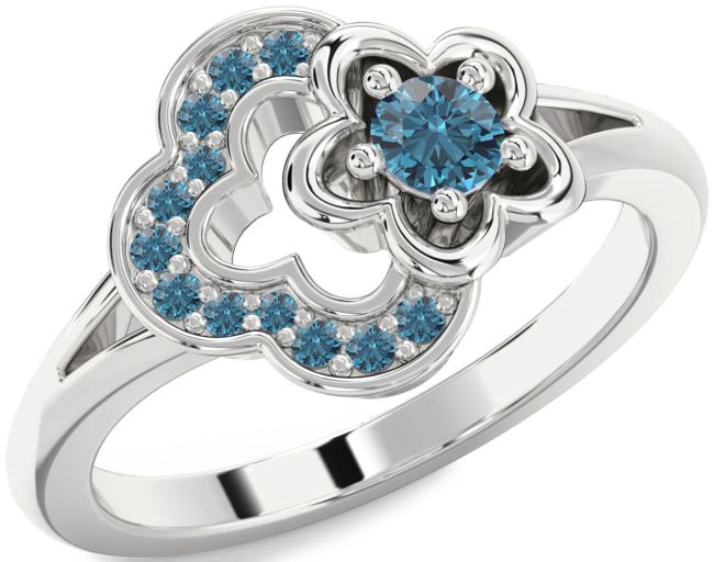 Blue Diamond Silver Flower Round Ring