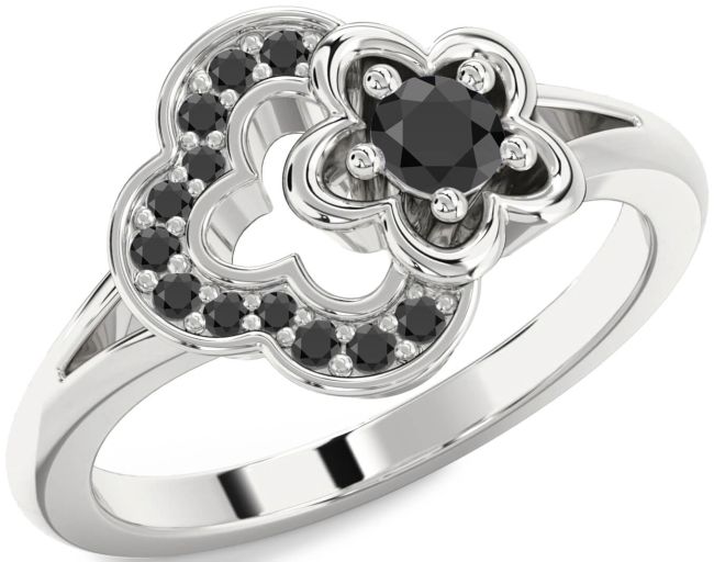 Black Onyx Silver Flower Round Ring