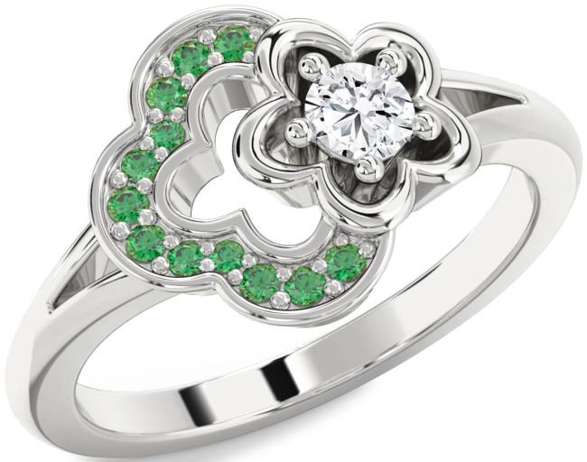 Emerald & Diamond Silver Flower Round Promise Ring